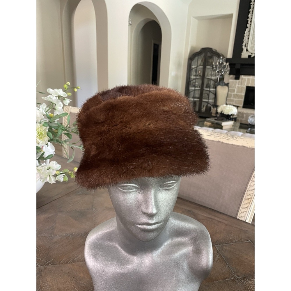 Vtg Hats by Helyn Women Mink Fur Pillbox Hat Brown Made in USA Old Money 1960s